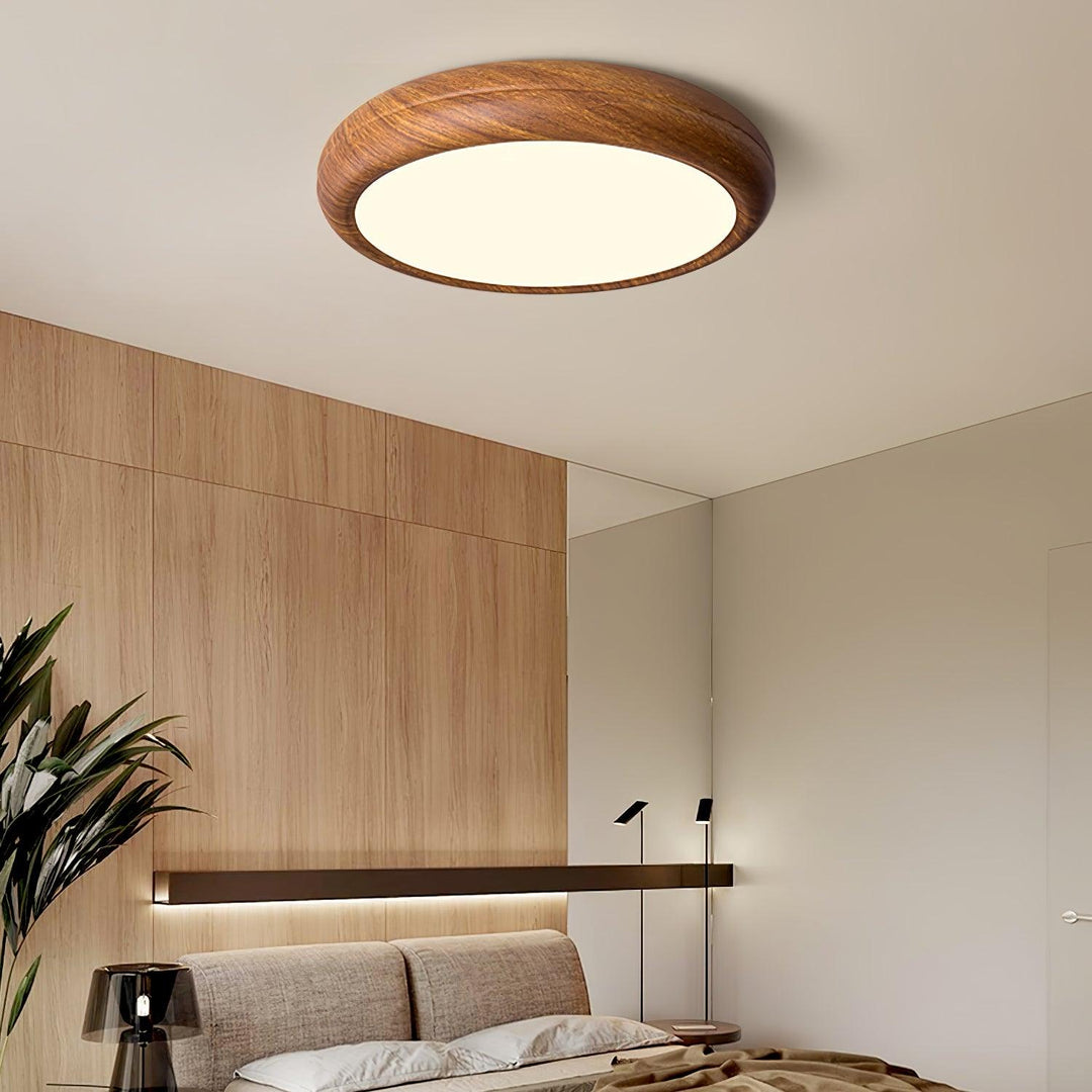Energy-efficient LED round flush mount ceiling light, dimmable, modern design.