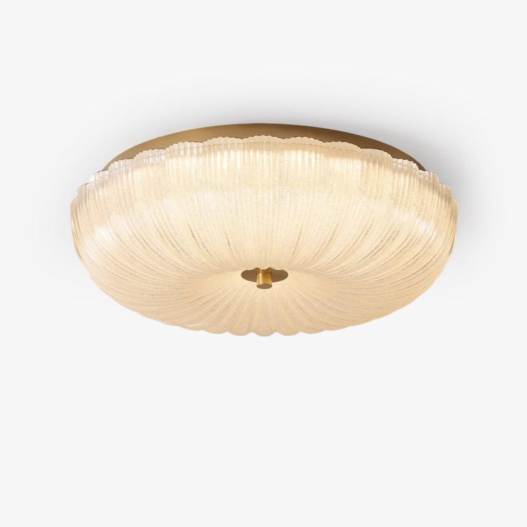 Modern round LED flush mount ceiling light with rippled glass for living room or bedroom.