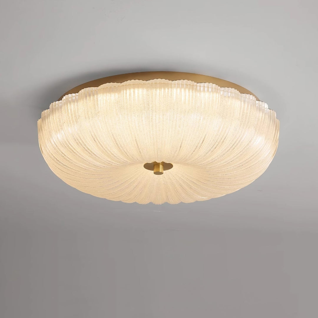 Sleek white flush mount LED ceiling light, round design, rippled glass, ideal for bedrooms.