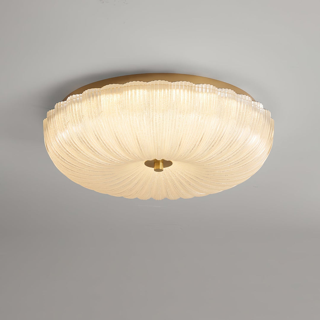 Round LED flush mount ceiling light, modern home illumination, adjustable brightness, rippled glass.