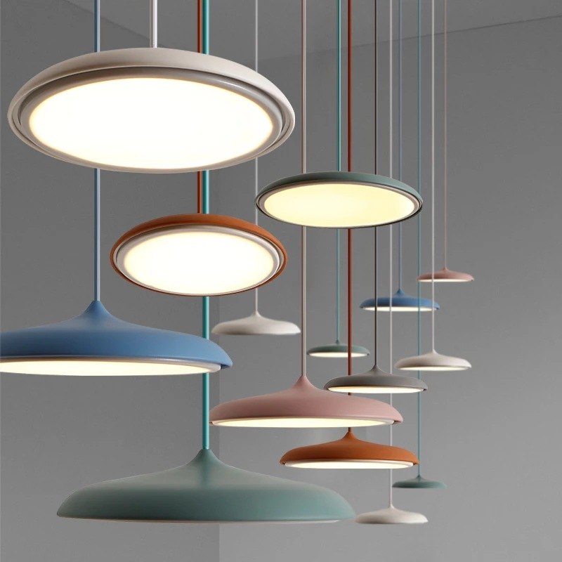 Sleek LED pendant lamp, white, Scandinavian decor, for contemporary spaces.