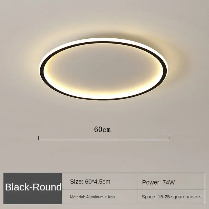 Bright and even light from modern LED ceiling fixture, Scandinavian round design for home.