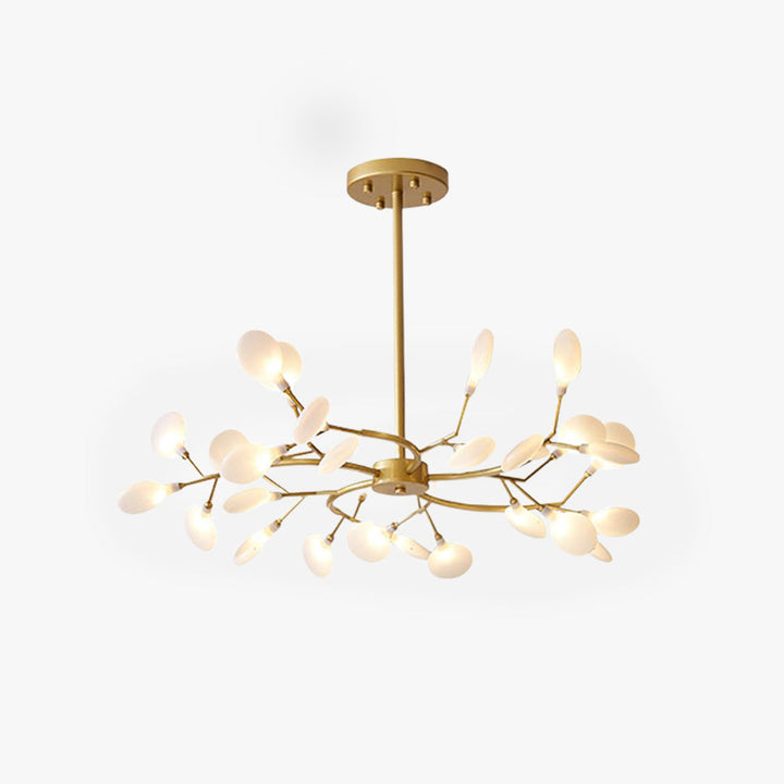 Modern sculptural branch chandelier, gold finish, for stylish interior lighting.
