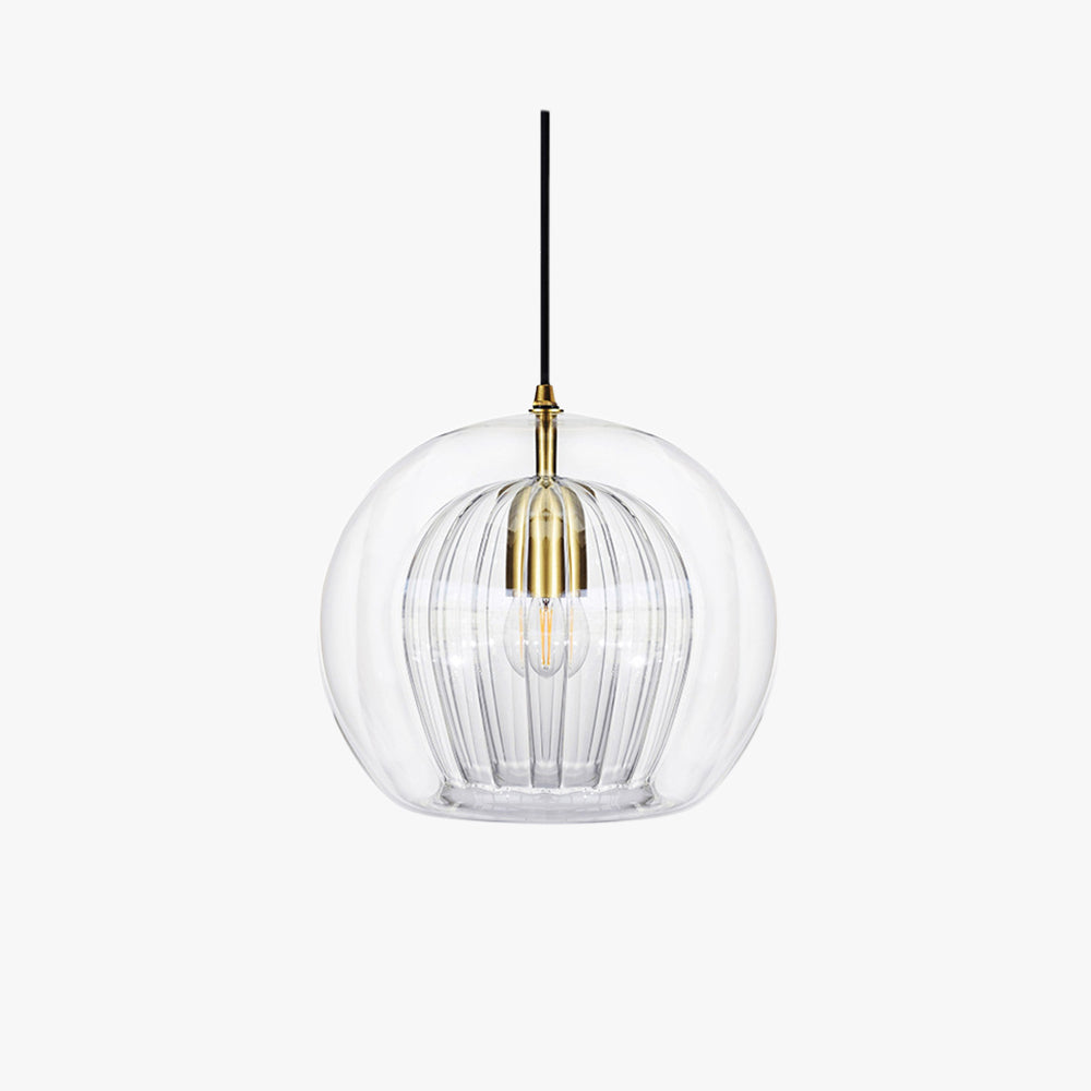 Modern spherical glass pendant light, perfect for elegant home decor and living room lighting.