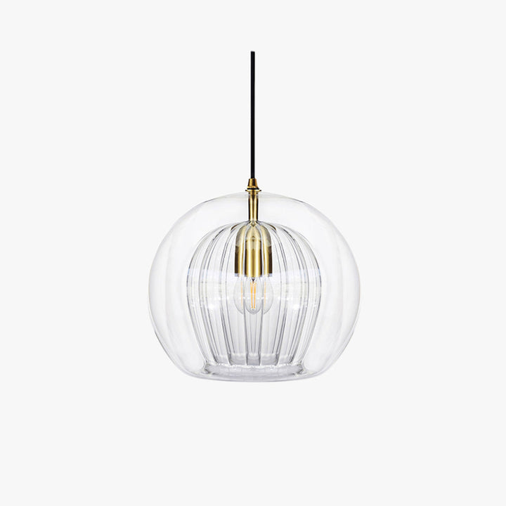 Modern spherical glass pendant light, perfect for elegant home decor and living room lighting.