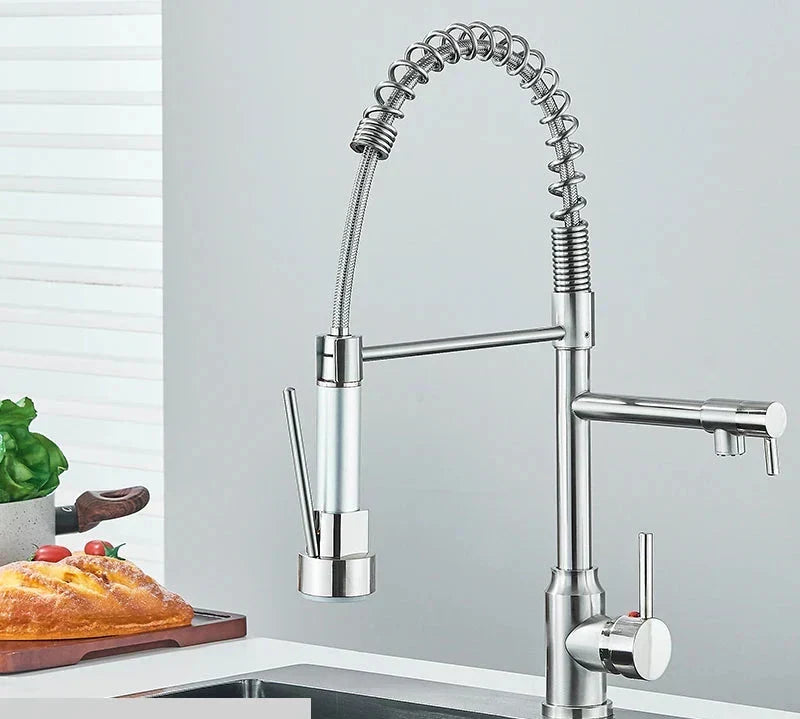 Modern stainless steel 360° swivel kitchen faucet with dual spray function, perfect for any kitchen upgrade.