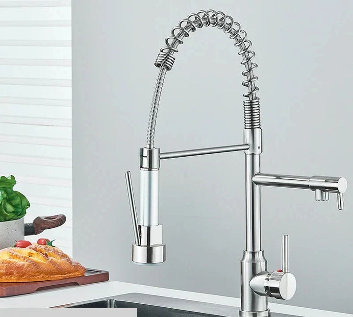 Modern stainless steel 360° swivel kitchen faucet with dual spray function, perfect for any kitchen upgrade.