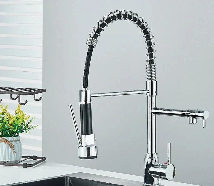 Versatile kitchen faucet with 360° swivel and dual spray for easy dishwashing & kitchen tasks in a modern home.