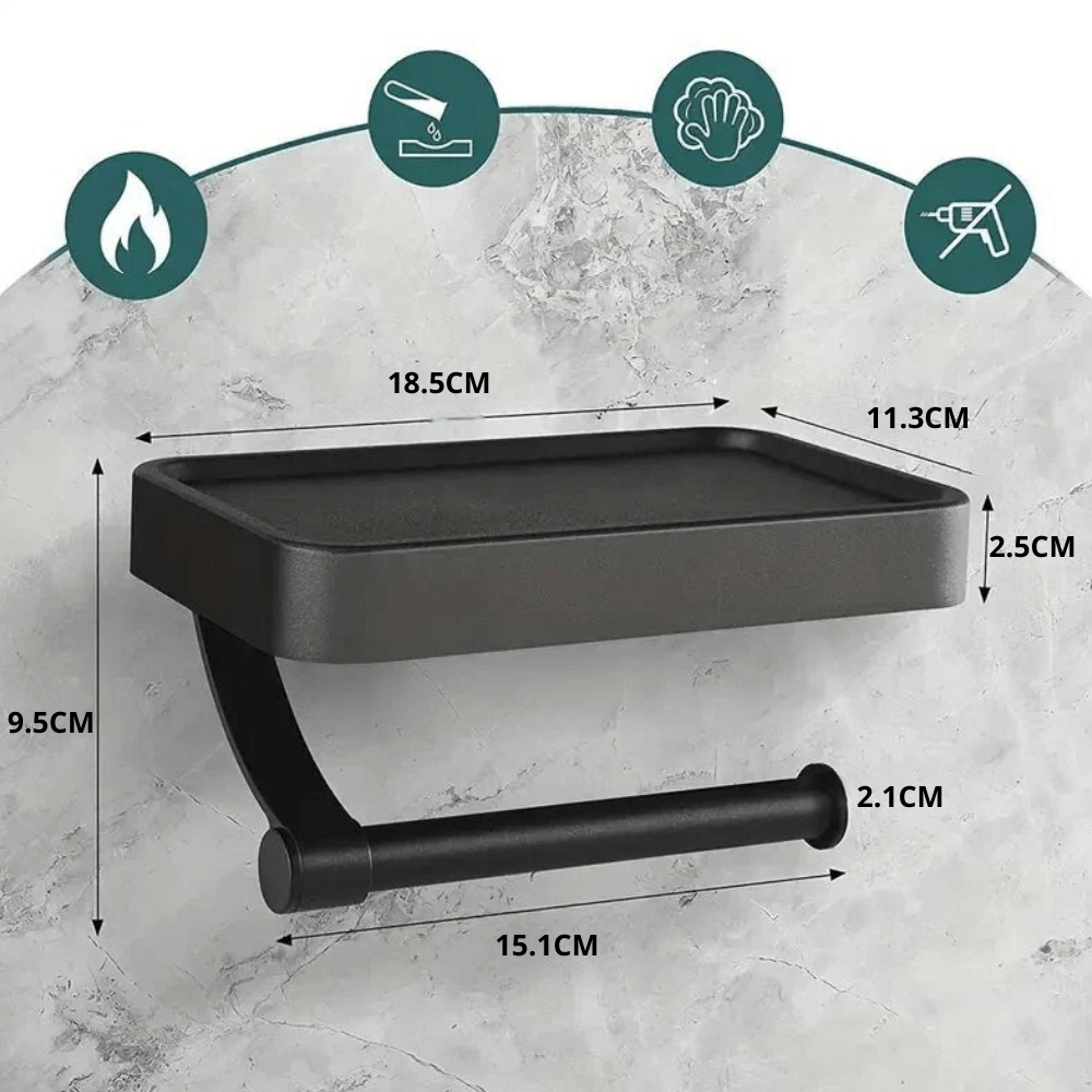 No-drill wall-mounted modern stainless steel toilet paper holder with top shelf for bathroom storage.