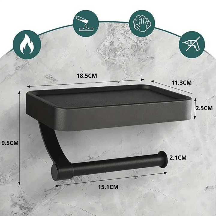 No-drill wall-mounted modern stainless steel toilet paper holder with top shelf for bathroom storage.