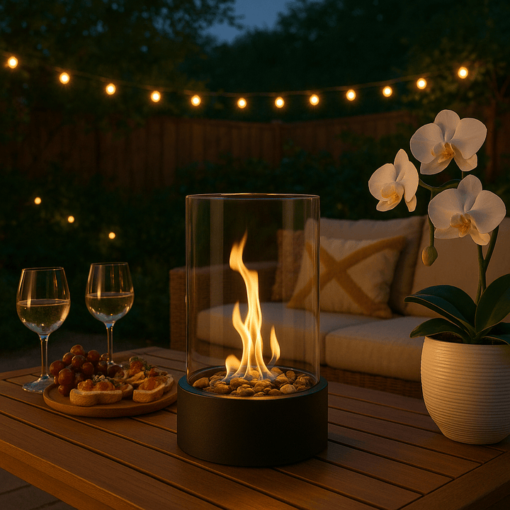 Modern tabletop bioethanol fire pit with real flame for indoor/outdoor ambiance. Portable & smokeless.