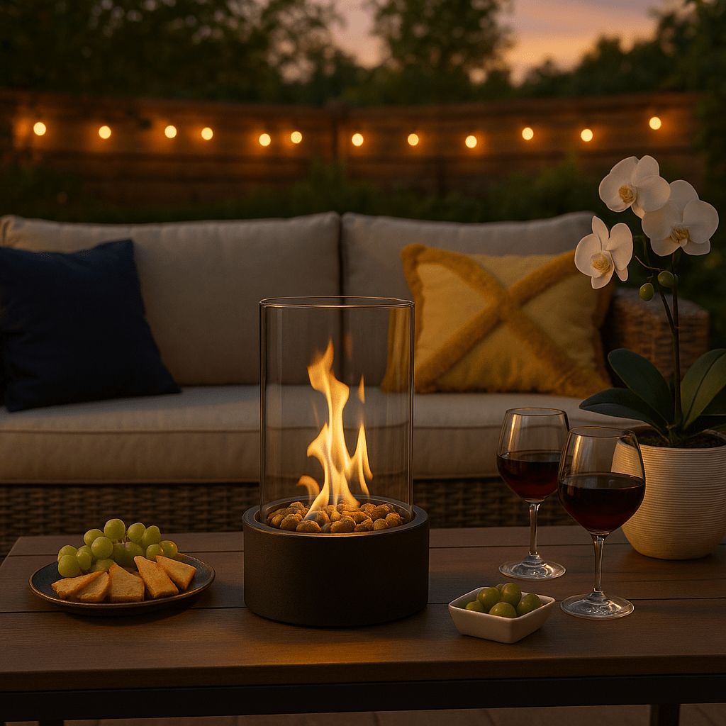 Cozy real flame bioethanol fire pit providing warm, smokeless ambiance on a modern table.