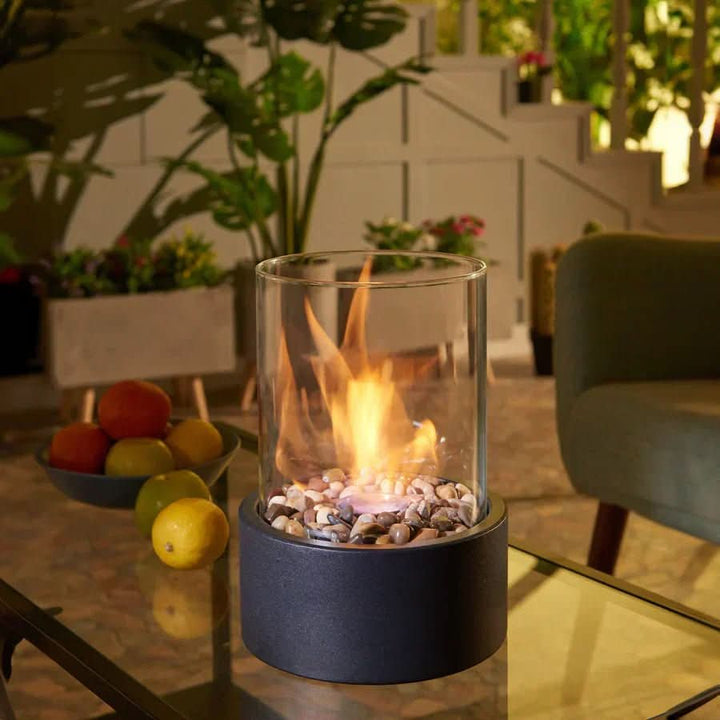 Sleek, compact Scandinavian style tabletop bioethanol fireplace. Clean burning modern design.