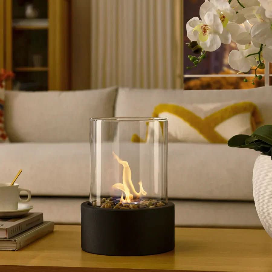 Smokeless, clean burning bioethanol tabletop fire pit, a real flame modern indoor decor piece.