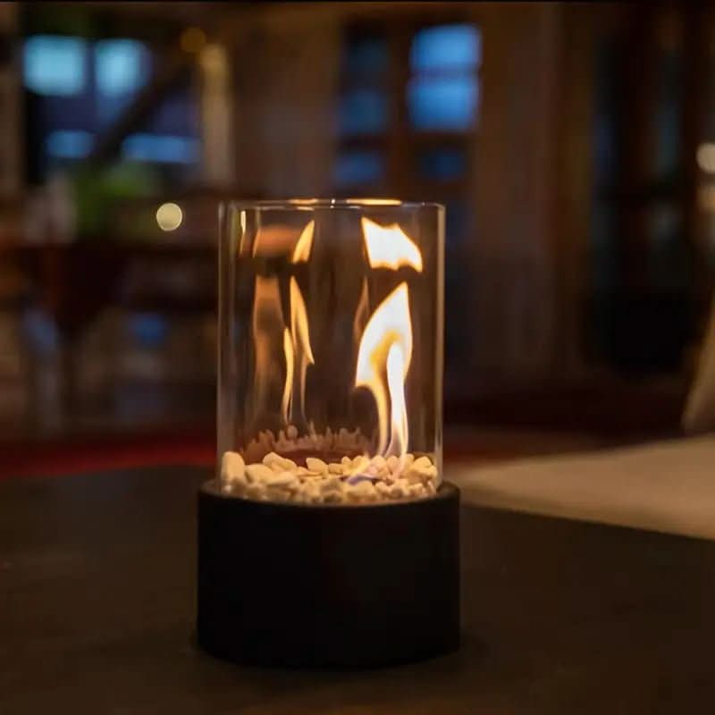 Compact bioethanol tabletop fire pit, ideal for modern table decor with real, clean flames.