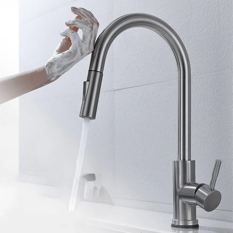 Modern touchless kitchen faucet with motion sensor in brushed stainless steel. Hands-free & hygienic for home.