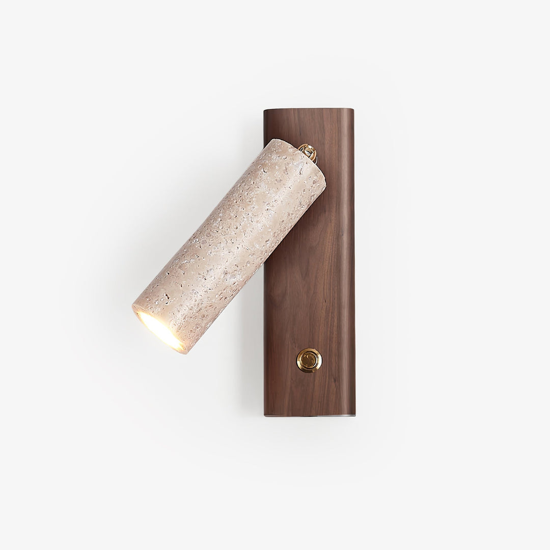 Modern travertine & wood LED wall reading light, perfect for bedroom or living room accent.