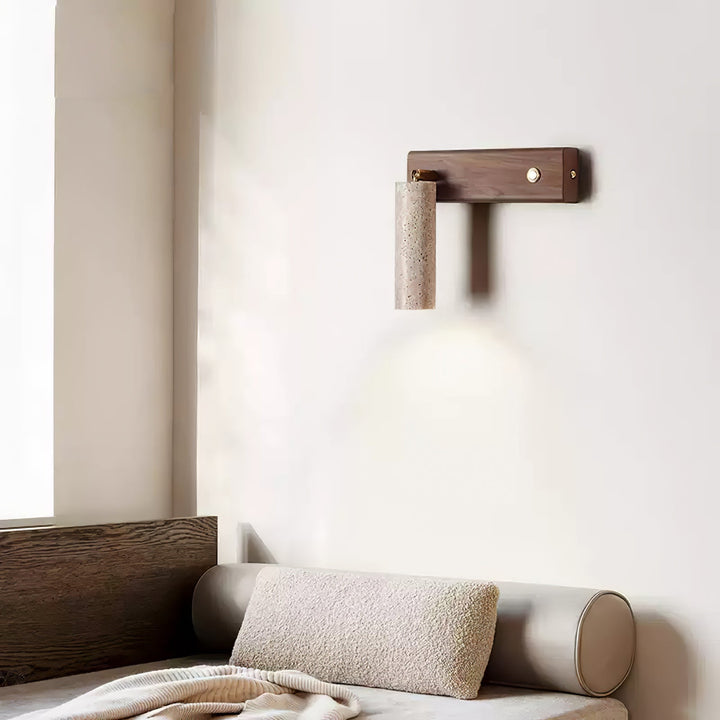 Designer indoor wall lamp, travertine & wood, cylindrical, LED for soft, contemporary illumination.