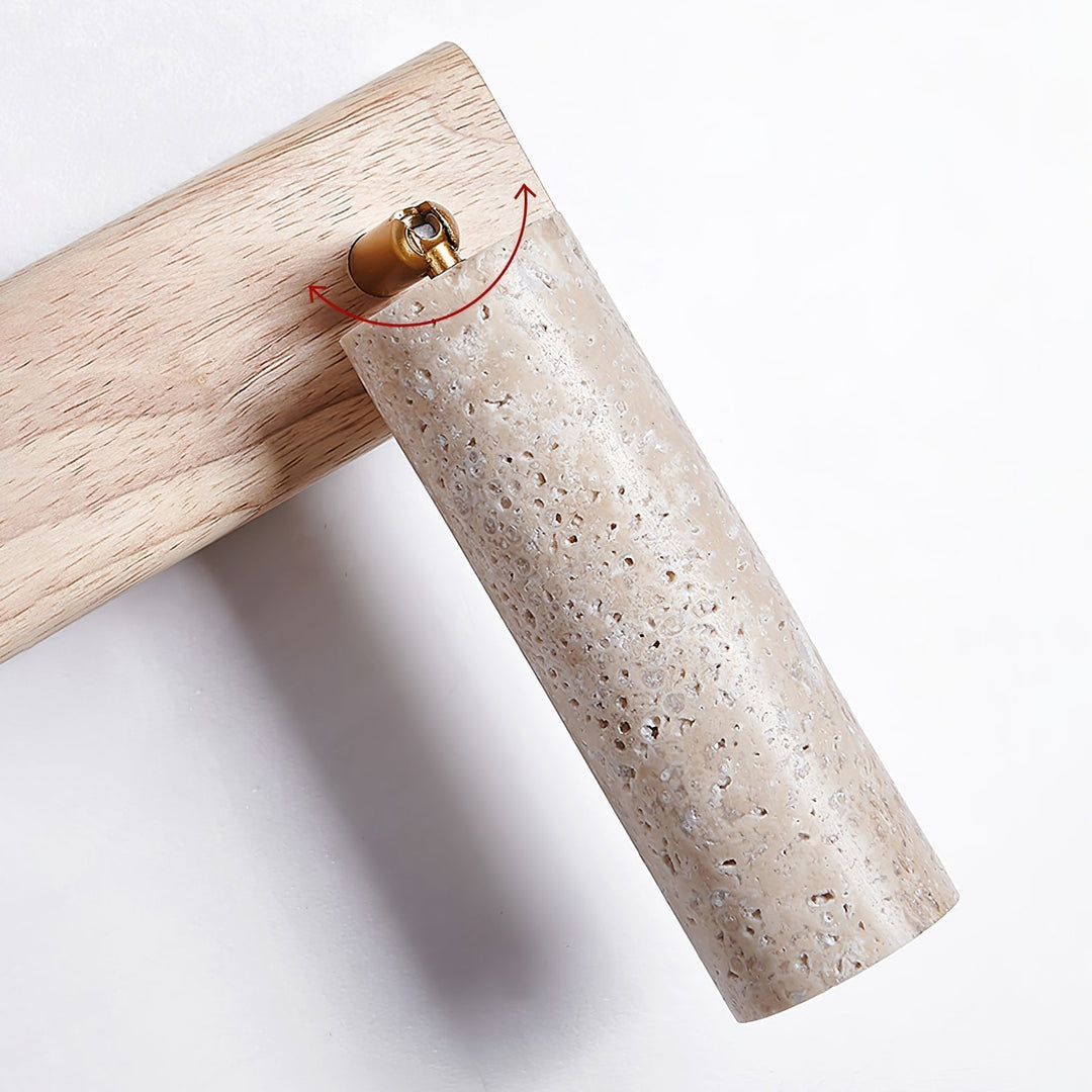 Elegant bedroom accent light: Travertine & wood modern wall-mounted reading lamp with sleek lines.