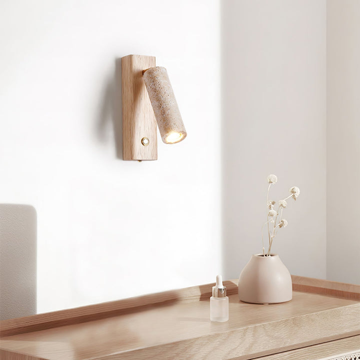 Functional & stylish: Hardwired modern LED wall light, travertine & wood for comfortable reading.