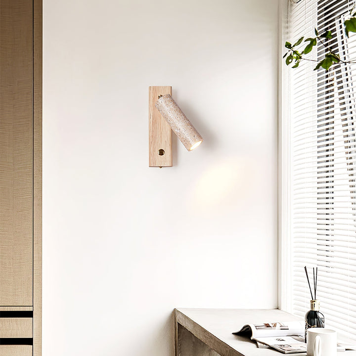 Artistic indoor reading lamp, travertine and wood construction, adds warmth and sophistication to any room.