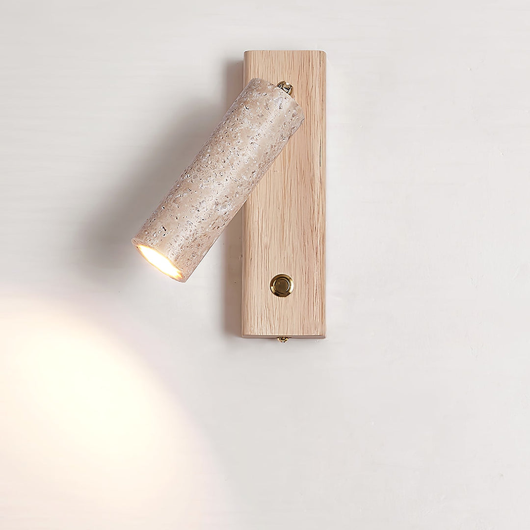 Contemporary indoor wall lamp with cylindrical travertine & wood design, ideal for modern homes.