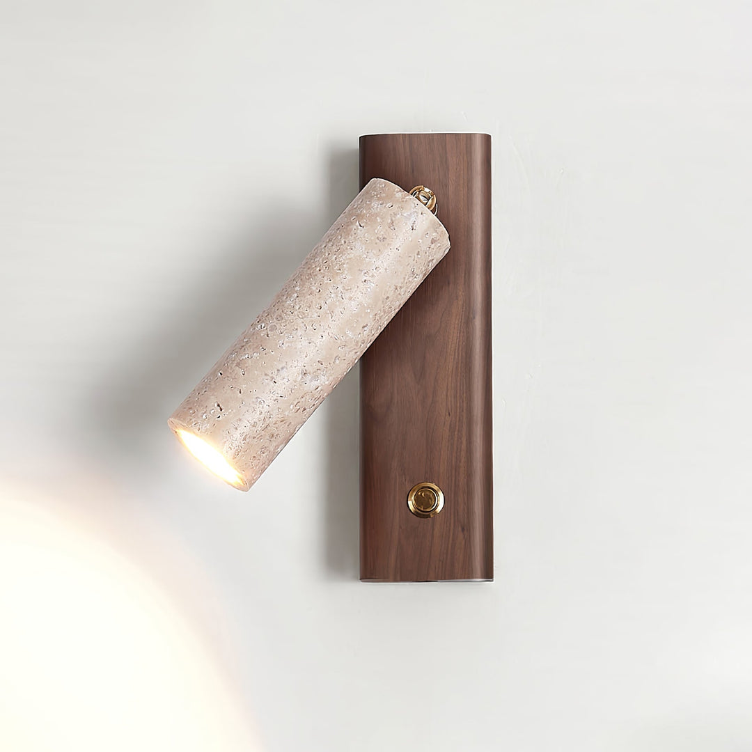 Stylish hardwired LED reading light featuring natural travertine and wood elements for accent lighting.