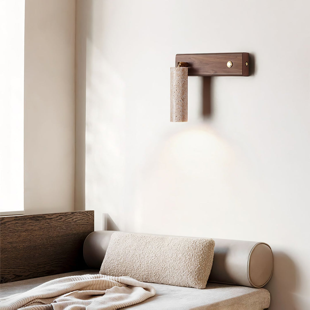 Accent lighting: Modern indoor wall light, travertine & wood finish, enhancing contemporary decor.
