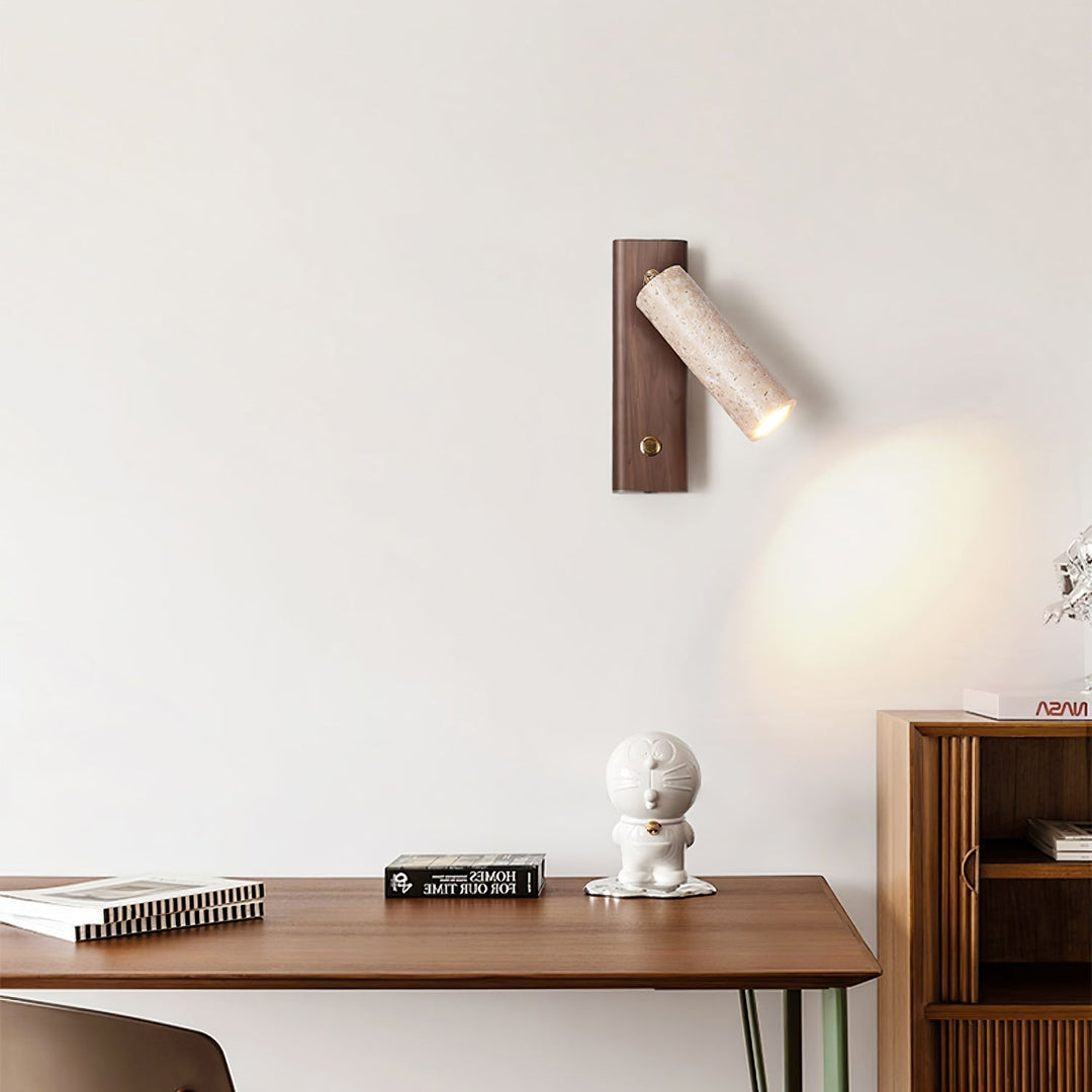 Sleek modern wall sconce, travertine & wood, ideal for focused reading light in any indoor area.