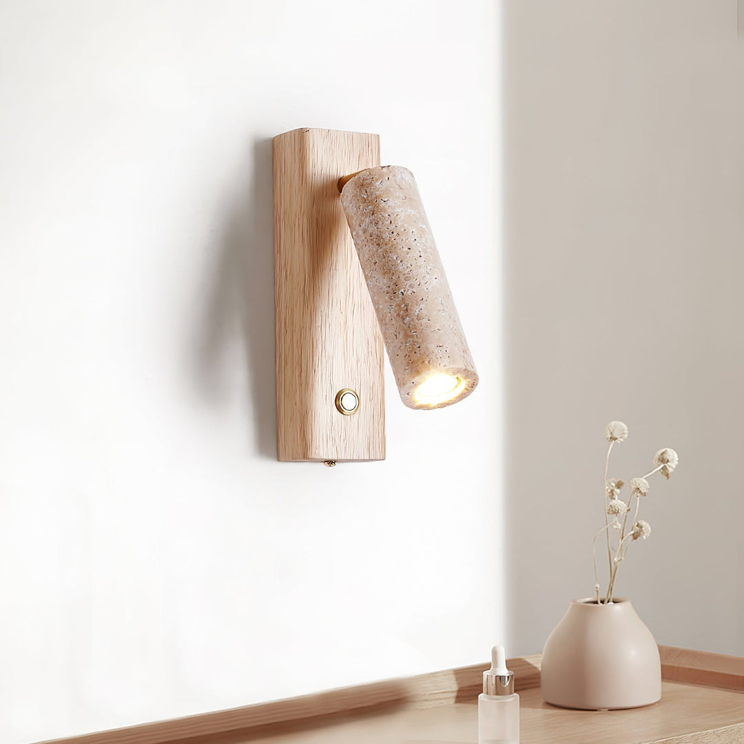 Hardwired modern indoor wall lamp, travertine base, wood shade, energy-efficient LED lighting.