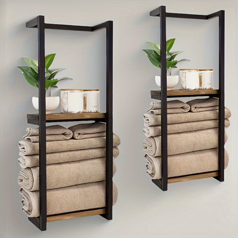 Space-saving two-tier stainless steel towel rack for a tidy bathroom, perfect for modern decor.