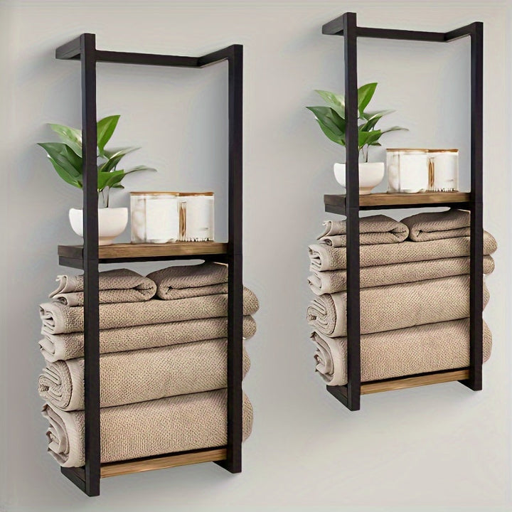 Space-saving two-tier stainless steel towel rack for a tidy bathroom, perfect for modern decor.