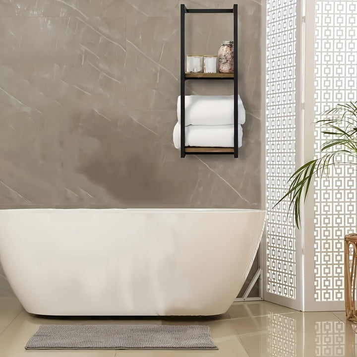 Modern bathroom decor featuring a two-tier stainless steel towel rack, providing stylish wall storage.