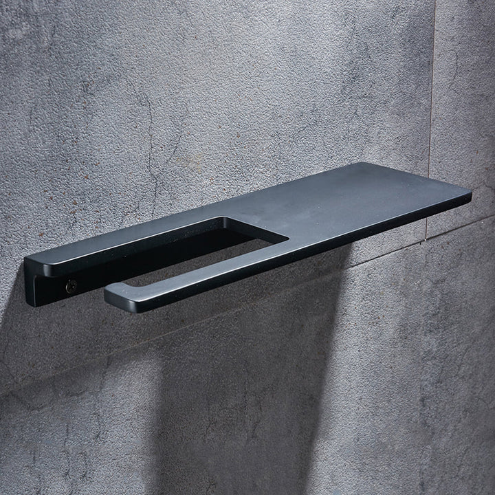 Modern wall-mounted toilet paper holder with phone shelf. Black finish, space-saving bathroom organizer.