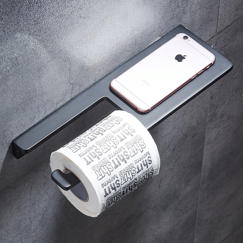 Sleek gun grey toilet paper holder, wall-mounted with a convenient phone storage shelf for bathrooms.
