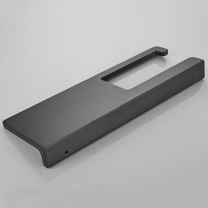 Stylish black wall-mount tissue holder and phone shelf, a contemporary bathroom storage solution.