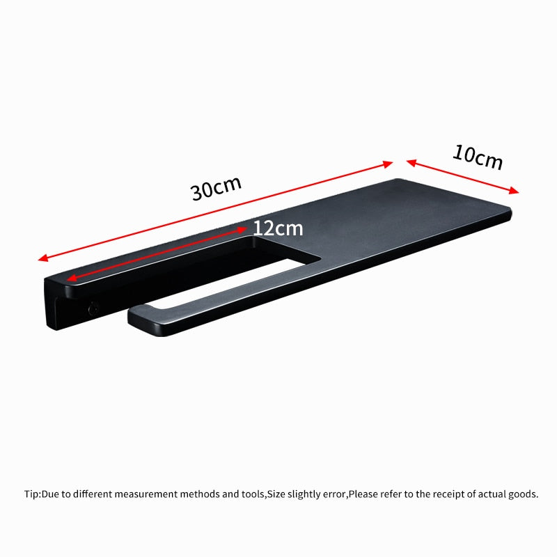Bathroom accessory: wall-mounted toilet paper holder with shelf for phone, modern design, black finish.