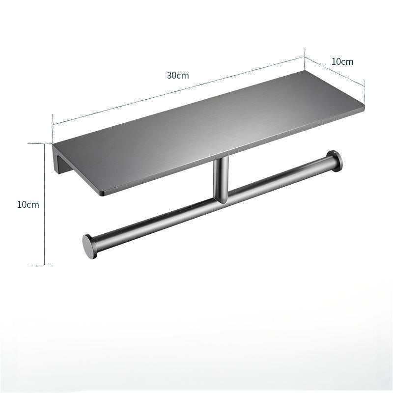 Contemporary black wall-mount toilet paper holder featuring a practical phone shelf for modern bathrooms.