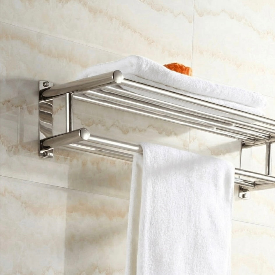 Modern wall-mounted towel rack with 5 hooks for bathroom storage and home organization.