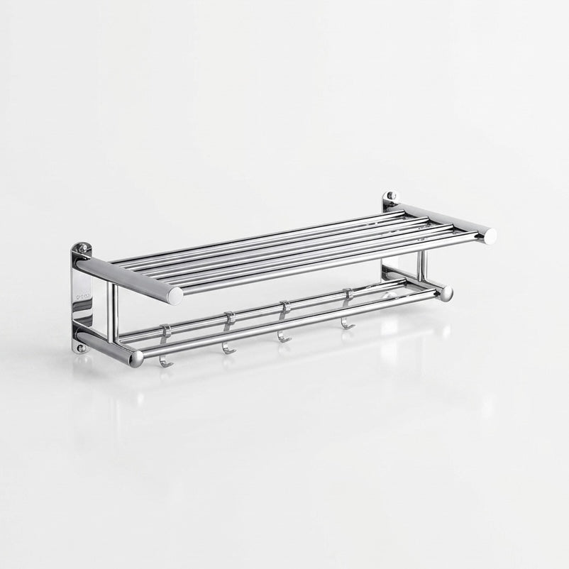 Polished chrome modern wall-mounted towel rack with 5 hooks for stylish bathroom decor.