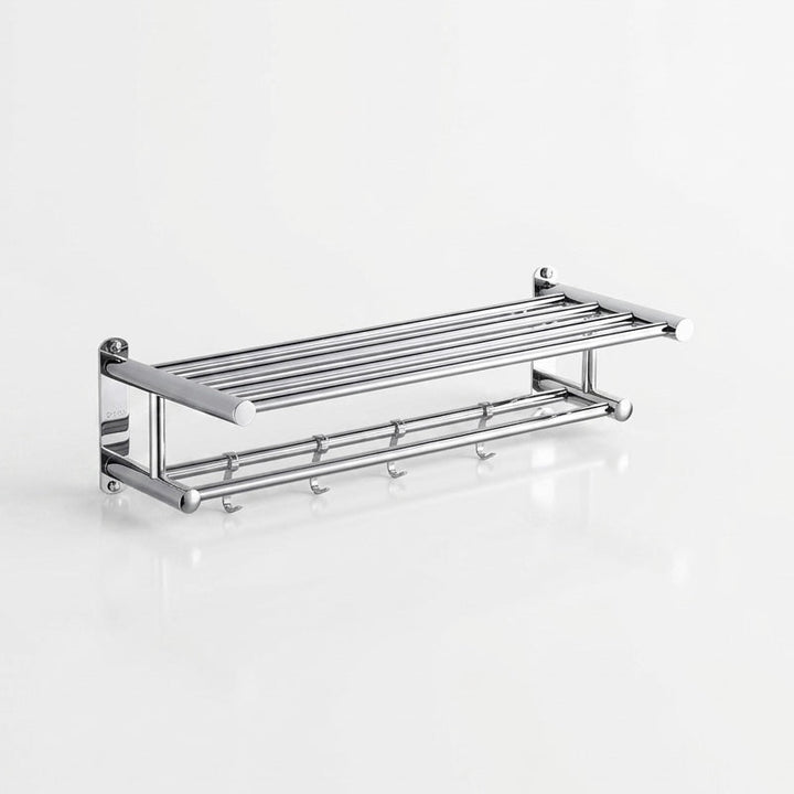 Polished chrome modern wall-mounted towel rack with 5 hooks for stylish bathroom decor.