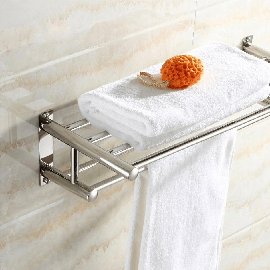 Space-saving 5-hook wall-mounted towel organizer in polished chrome for modern bathroom storage.