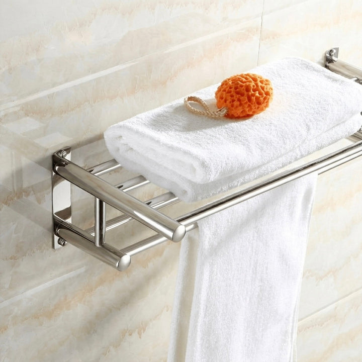 Space-saving 5-hook wall-mounted towel organizer in polished chrome for modern bathroom storage.