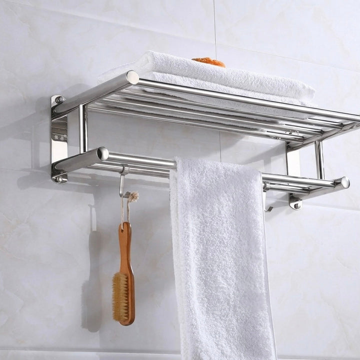 Sleek modern polished chrome towel rack with 5 hooks, wall-mounted for efficient bathroom organization.