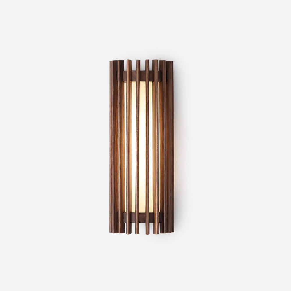 Modern walnut wood wall light, sleek indoor LED lamp with acrylic diffuser.