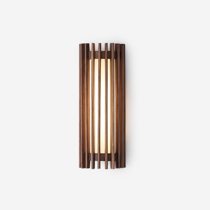 Modern walnut wood wall light, sleek indoor LED lamp with acrylic diffuser.