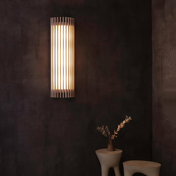 Sleek modern wall light, natural wood grain, ideal for indoor home decor.
