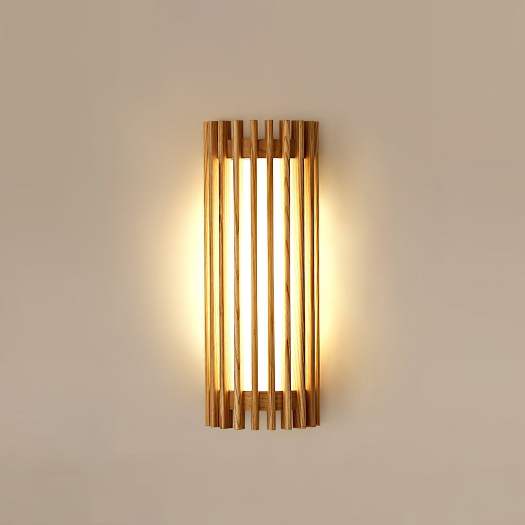Walnut wood indoor wall lamp, modern LED ambient light for hallways.