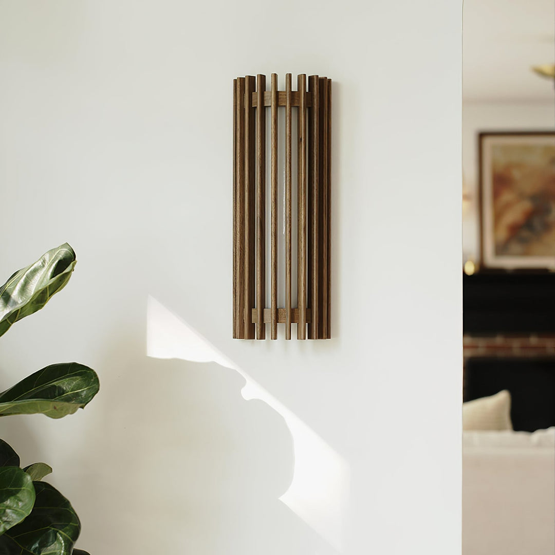 Sleek wood wall fixture, modern LED lighting for ambient home atmosphere.