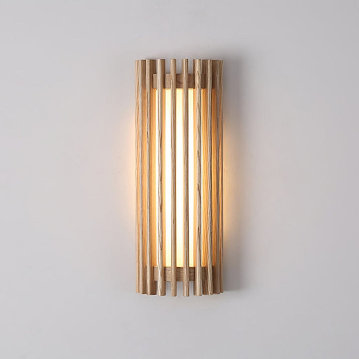 Modern wood wall light, elegant indoor LED fixture with soft glow.